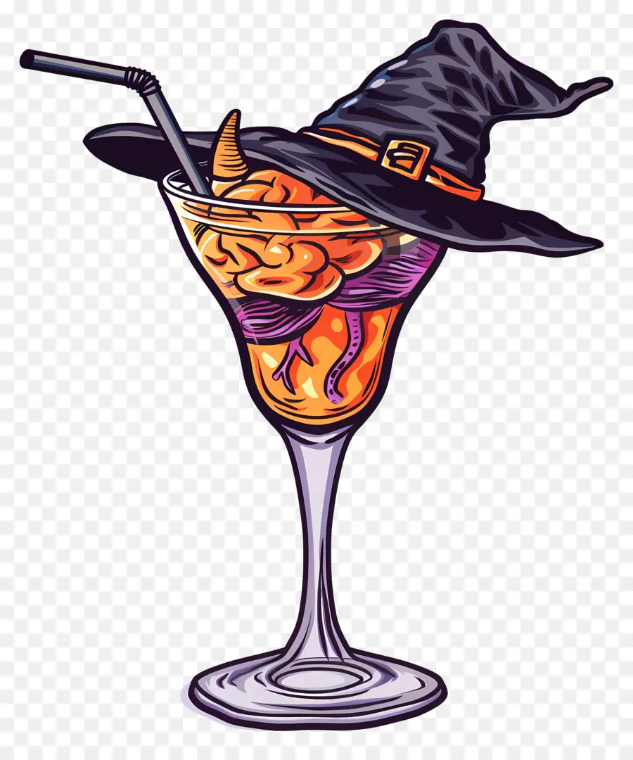 Cocktail D'halloween，Cerveau En Verre Avec Chapeau De Sorcière PNG