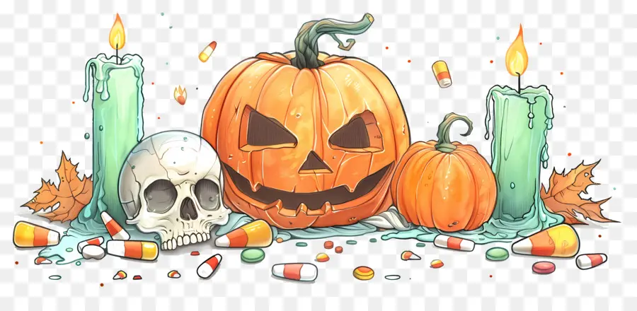 Décor D'halloween，Citrouille Et Crânes PNG