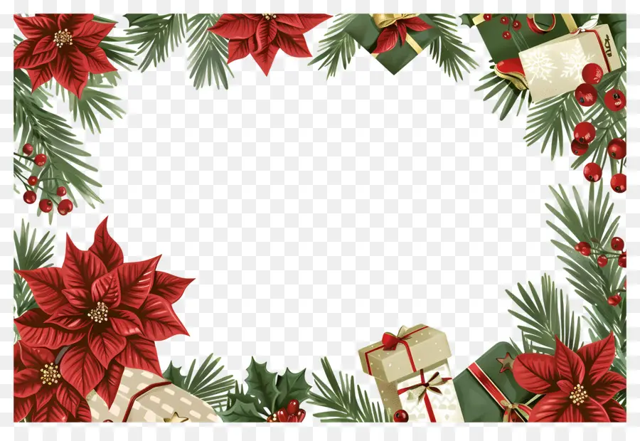 Fond De Noël，Cadre De Noël Avec Cadeaux Et Poinsettias PNG