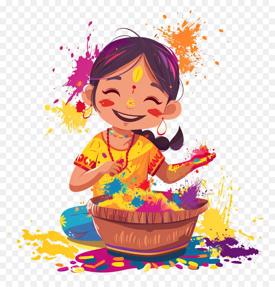 Fond De Holi，Fille De Dessin Animé Avec De La Poudre PNG