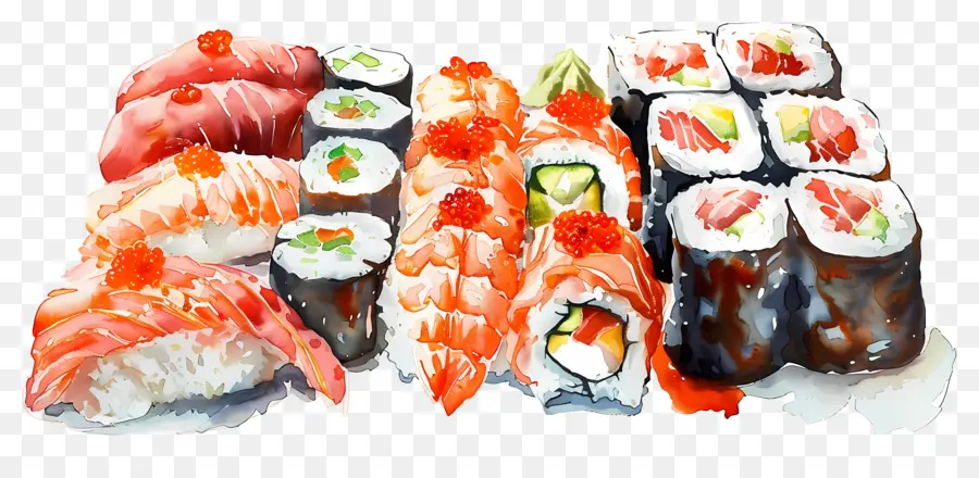 Sushis Aquarelle，Rouleaux De Sushi PNG