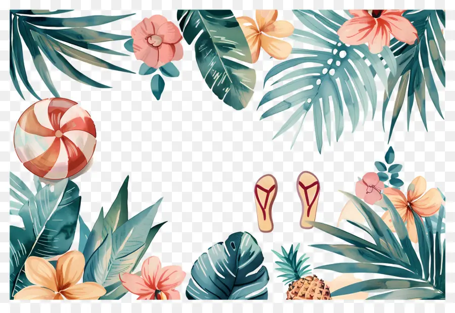 Fond D'été，Feuilles Et Fleurs Tropicales PNG