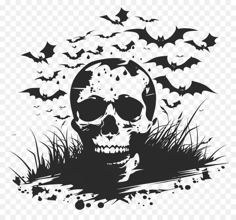 Silhouette D'halloween，Crâne Et Chauves Souris PNG