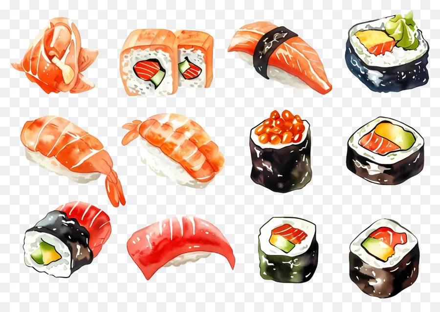 Sushis à L'aquarelle，Sushis PNG