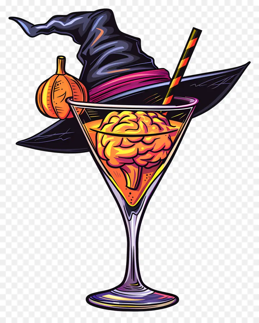 Cocktail D'halloween，Cerveau En Verre Avec Chapeau De Sorcière PNG