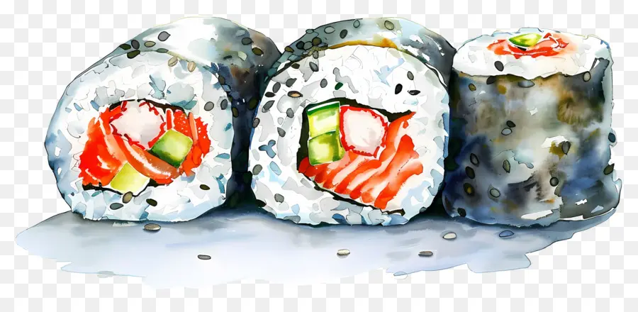 Sushis Aquarelle，Morceaux De Sushis PNG