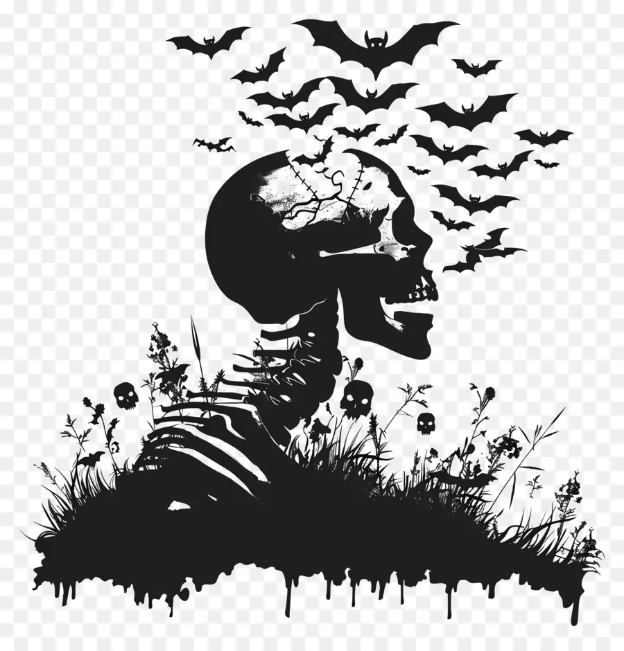 Silhouette D'halloween，Squelette Avec Des Chauves Souris PNG