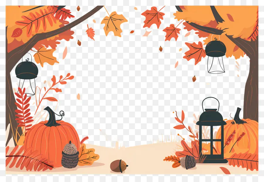 Fond D'automne，Citrouille Et Lanterne PNG