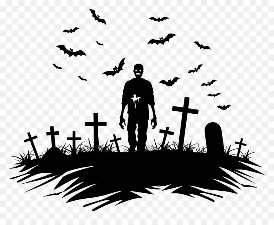 Silhouette D'halloween，Zombie Avec Des Chauves Souris PNG