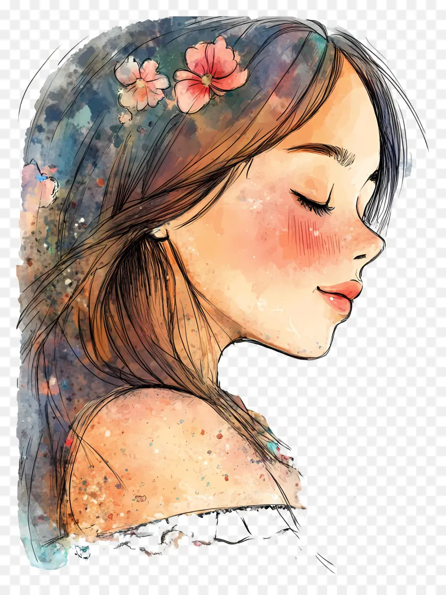 Belle Fille，Femme Aquarelle Avec Des Fleurs PNG