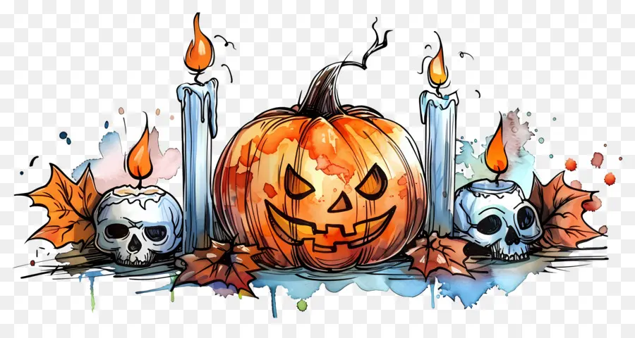 Décor D'halloween，Citrouille Et Crânes PNG