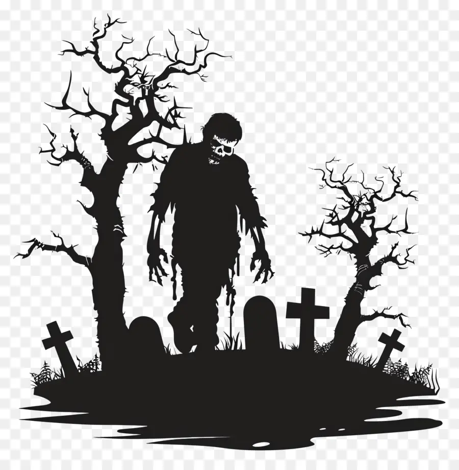 Silhouette D'halloween，Zombie Dans Le Cimetière PNG