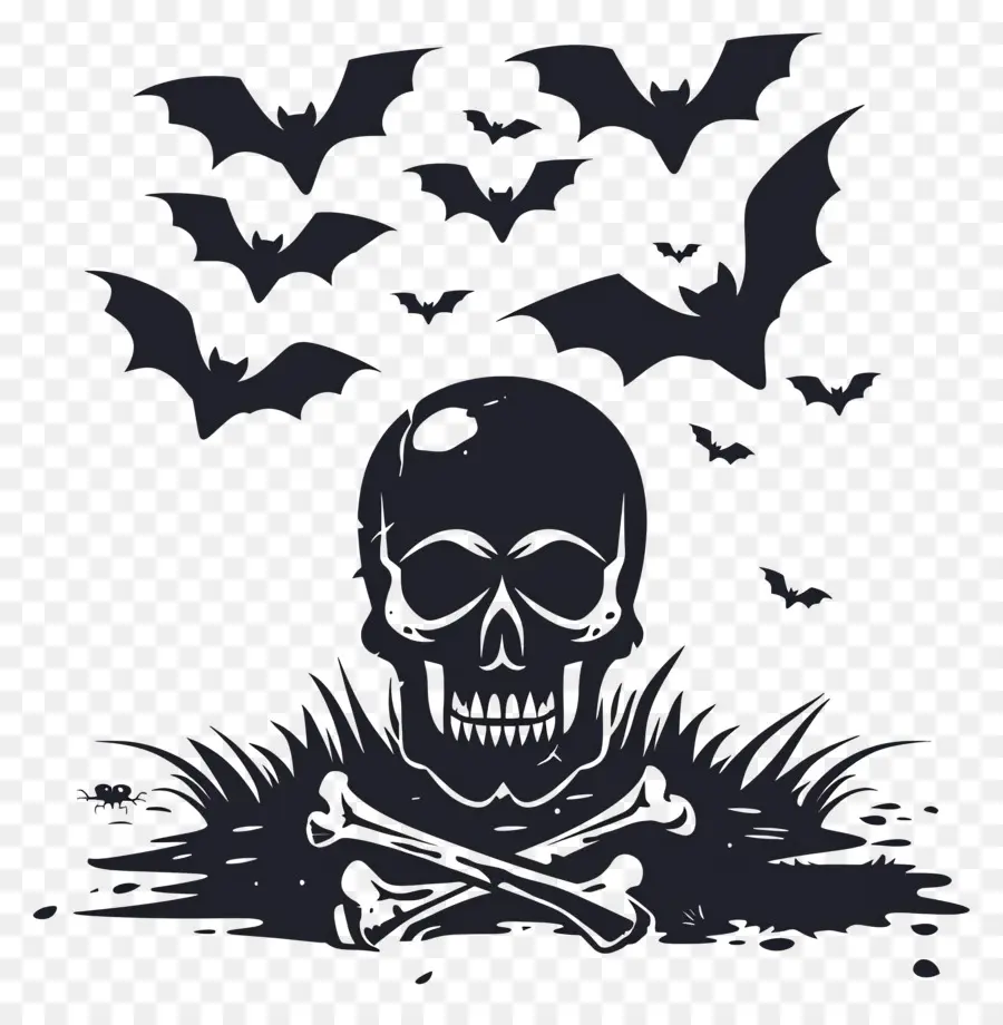 Silhouette D'halloween，Crâne Et Chauves Souris PNG