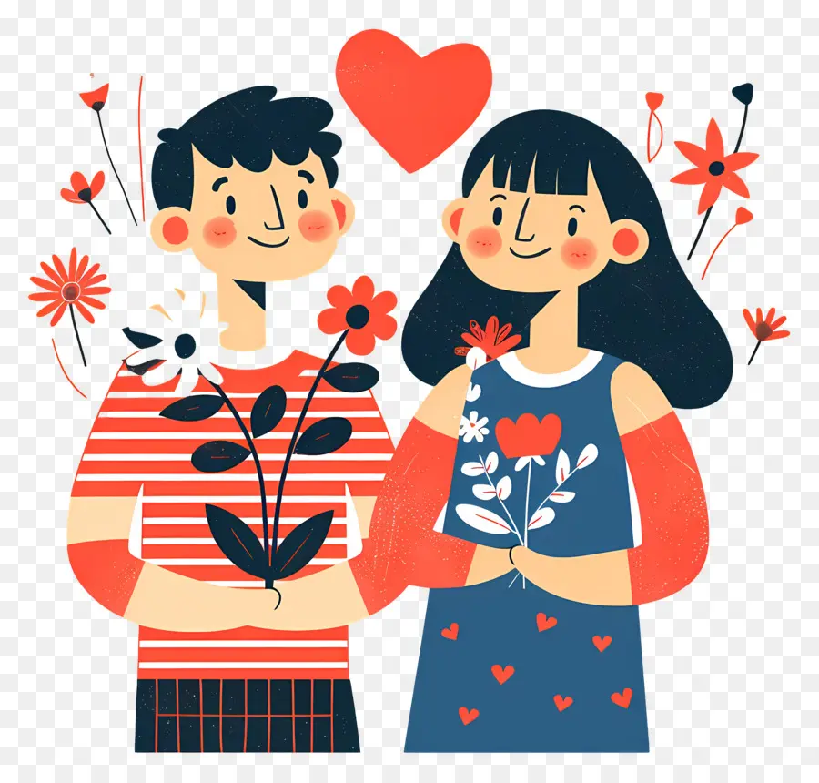 Couple De Dessin Animé，Couple Avec Des Fleurs PNG