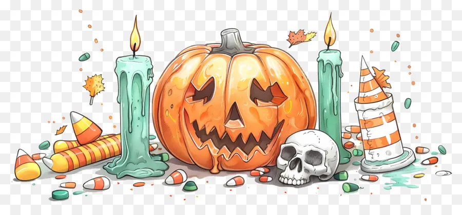 Décor D'halloween，Citrouille Et Crânes PNG