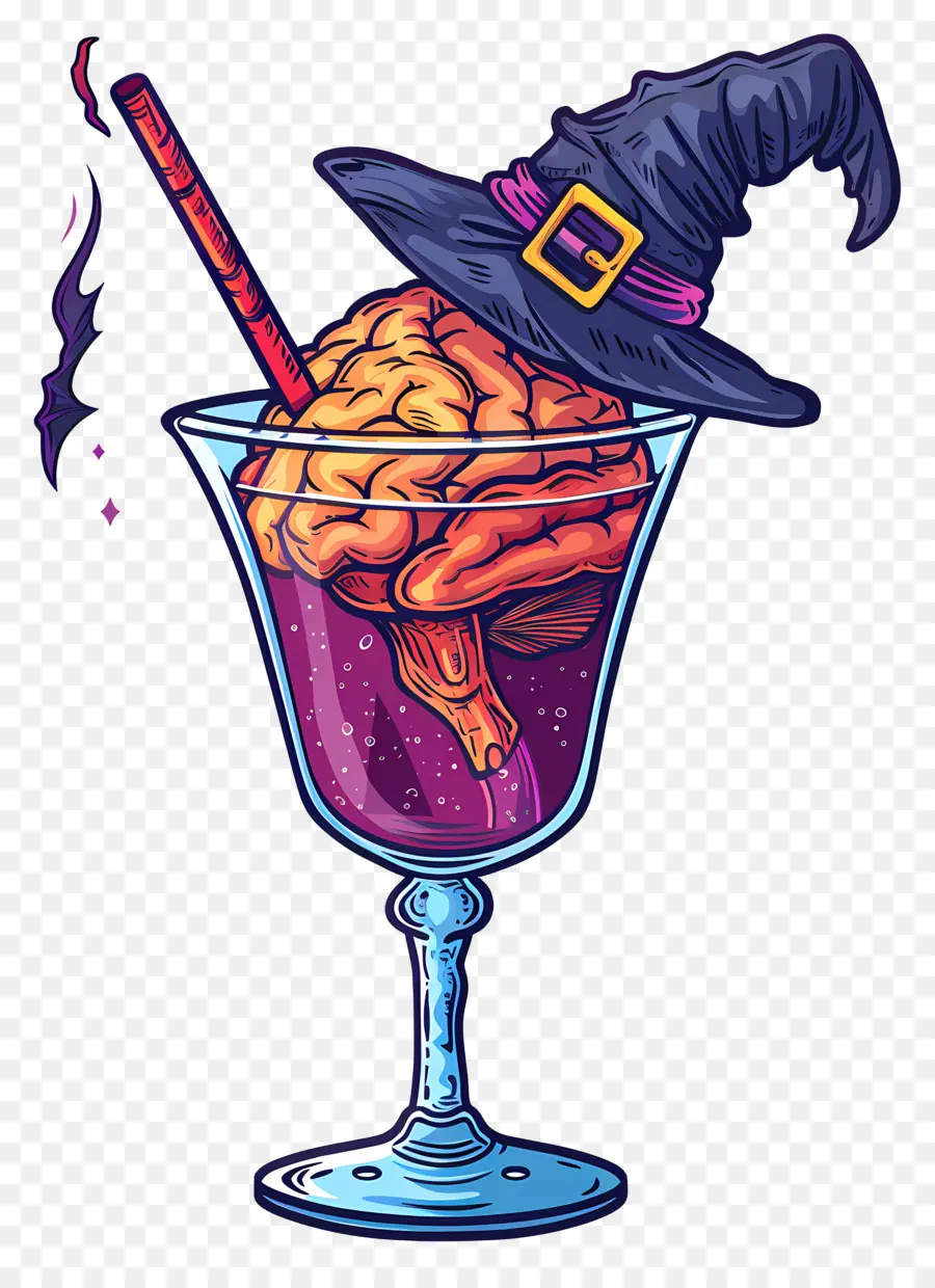 Cocktail D'halloween，Cerveau En Verre Avec Chapeau De Sorcière PNG