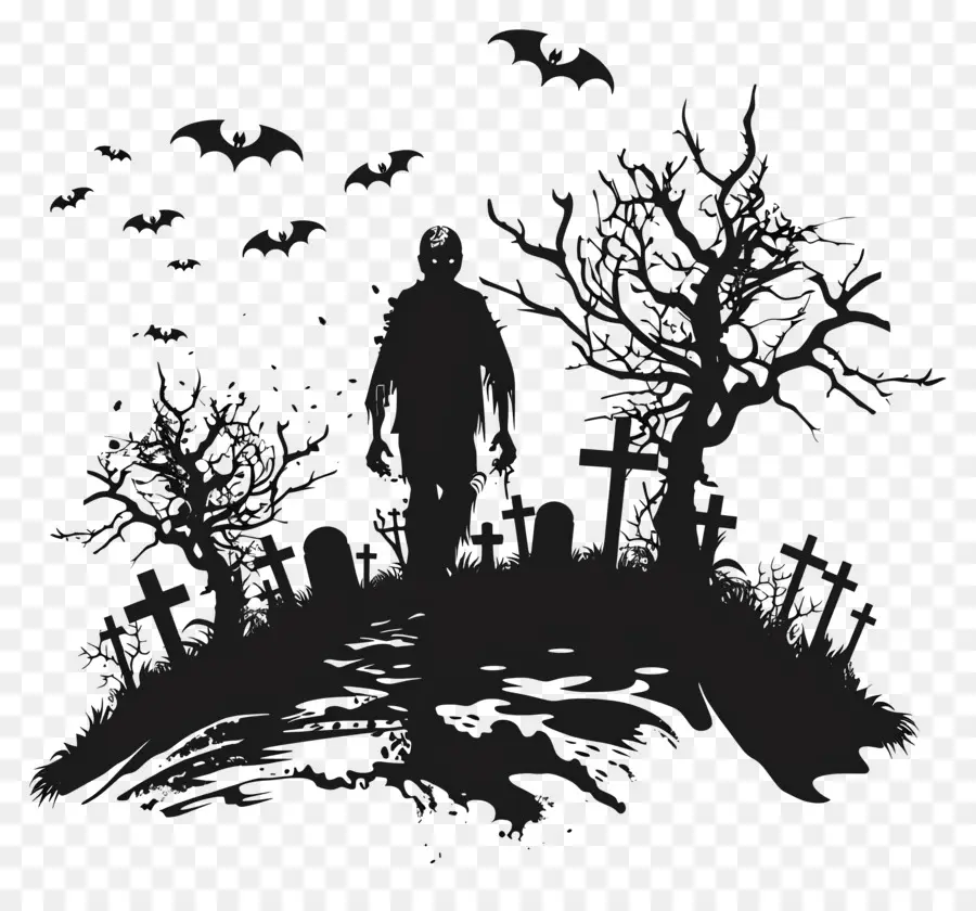 Silhouette D'halloween，Zombie Avec Des Chauves Souris PNG