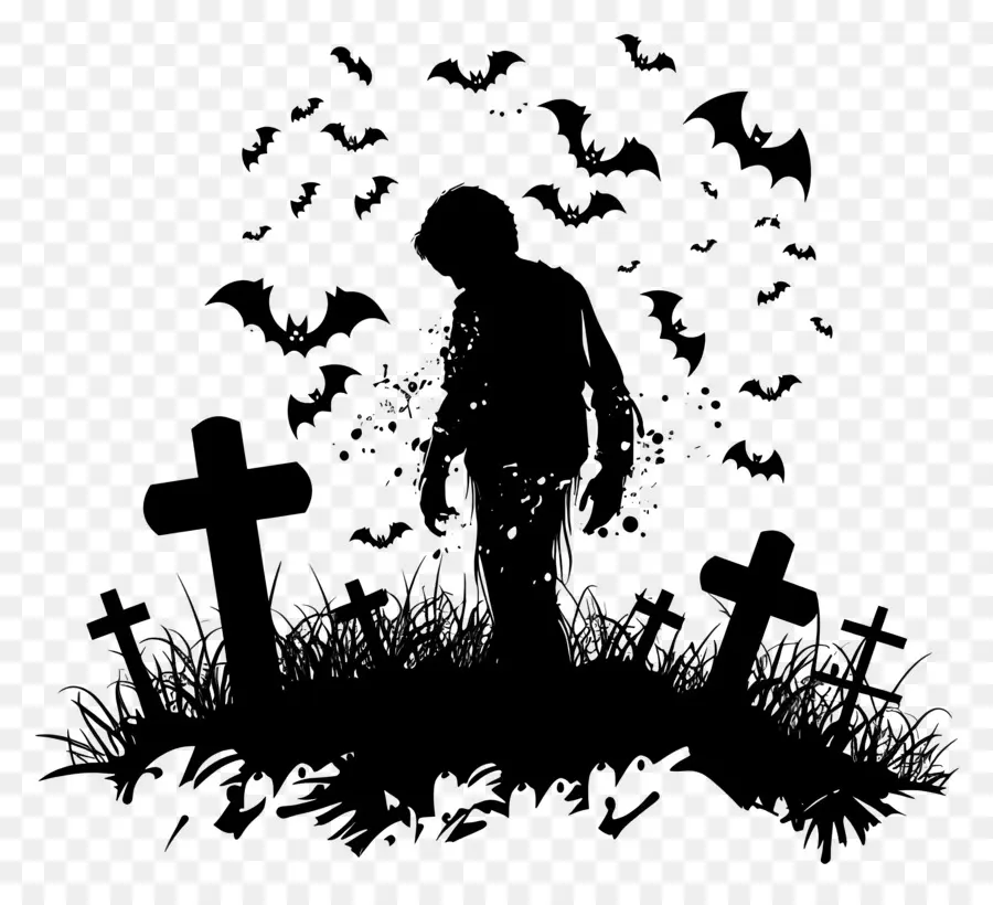 Silhouette D'halloween，Zombie Avec Des Chauves Souris PNG