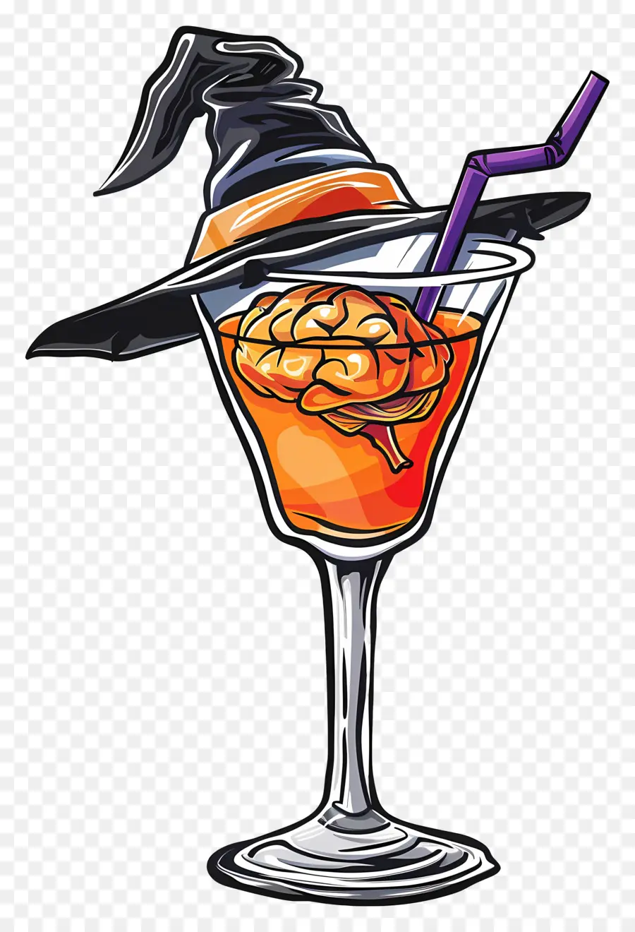 Cocktail D'halloween，Cerveau En Verre Avec Chapeau De Sorcière PNG