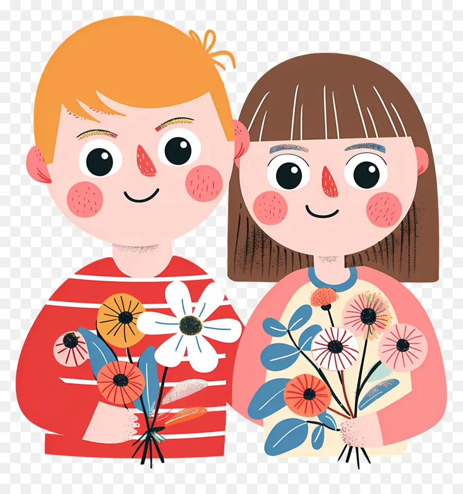 Couple De Dessin Animé，Enfants Avec Des Fleurs PNG