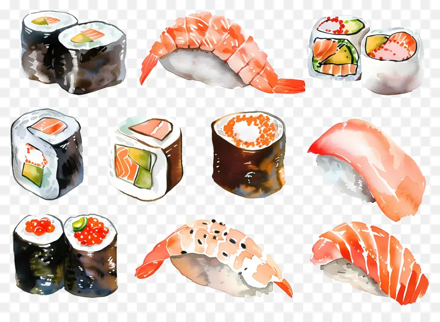 Sushis à L'aquarelle，Sushis PNG