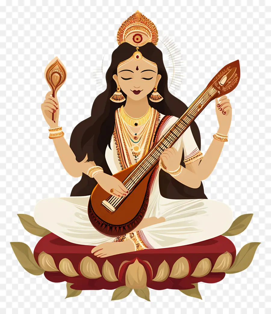 Saraswati，Déesse Avec Instrument De Musique PNG