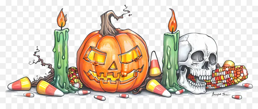 Décor D'halloween，Citrouille Et Crâne PNG