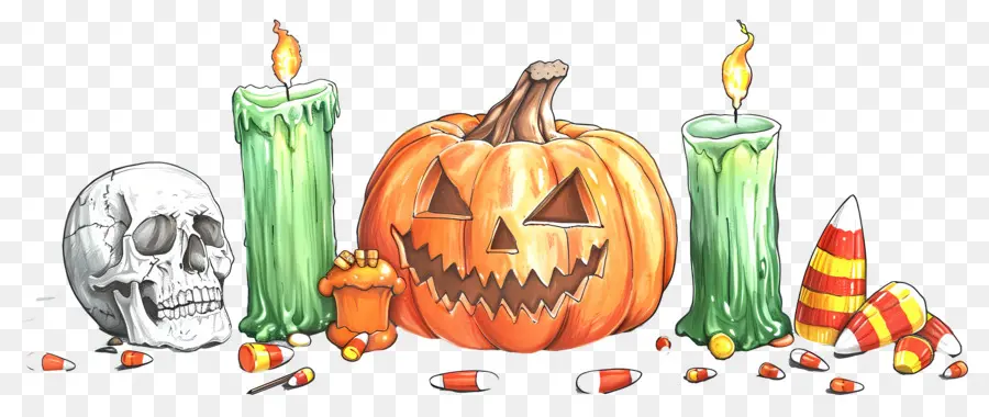 Décor D'halloween，Citrouille Et Crânes PNG