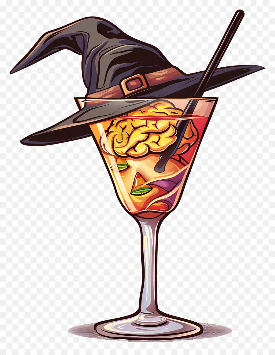 Cocktail D'halloween，Cerveau En Verre Avec Chapeau De Sorcière PNG