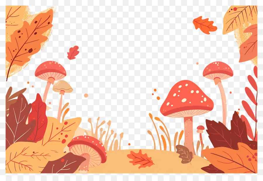 Fond D'automne，Champignons Et Feuilles PNG