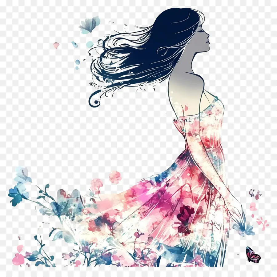 Belle Fille，Silhouette Femme Avec Robe à Fleurs PNG