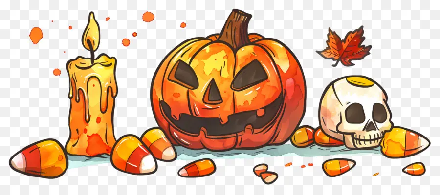 Décor D'halloween，Citrouille Et Crânes PNG