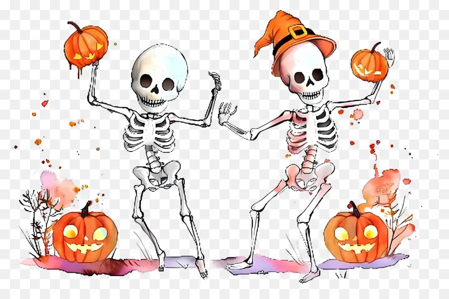 Squelettes D'halloween，Squelettes Avec Citrouilles PNG