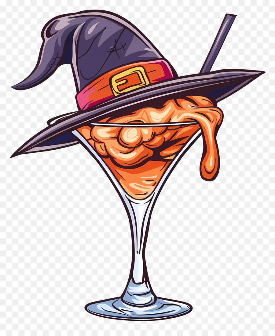 Cocktail D'halloween，Cerveau En Verre Avec Chapeau De Sorcière PNG