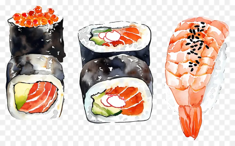 Sushis à L'aquarelle，Morceaux De Sushis PNG