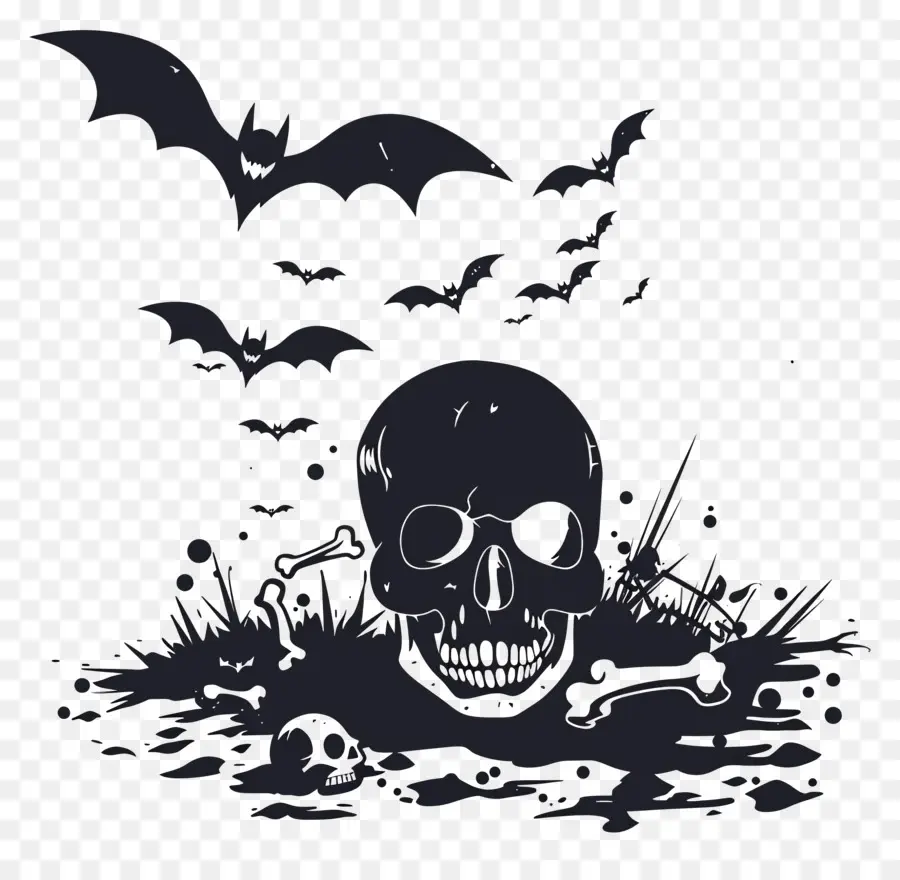 Silhouette D'halloween，Crâne Et Chauves Souris PNG