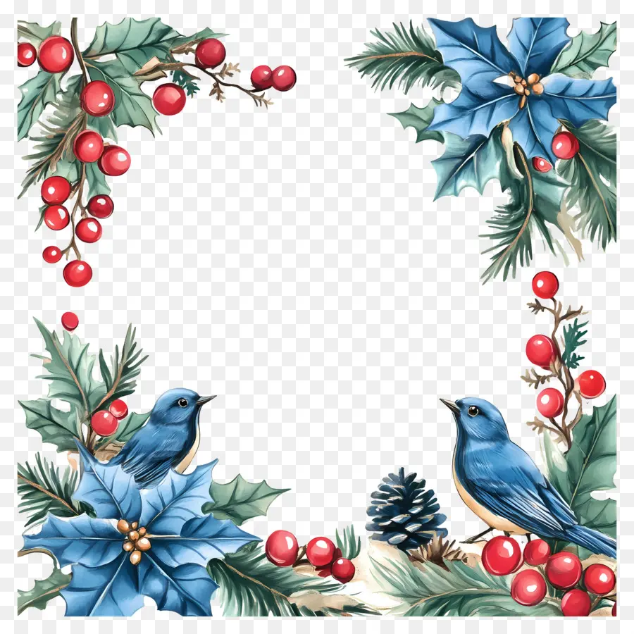 Cadre De Noël Bleu，Oiseaux D'hiver PNG