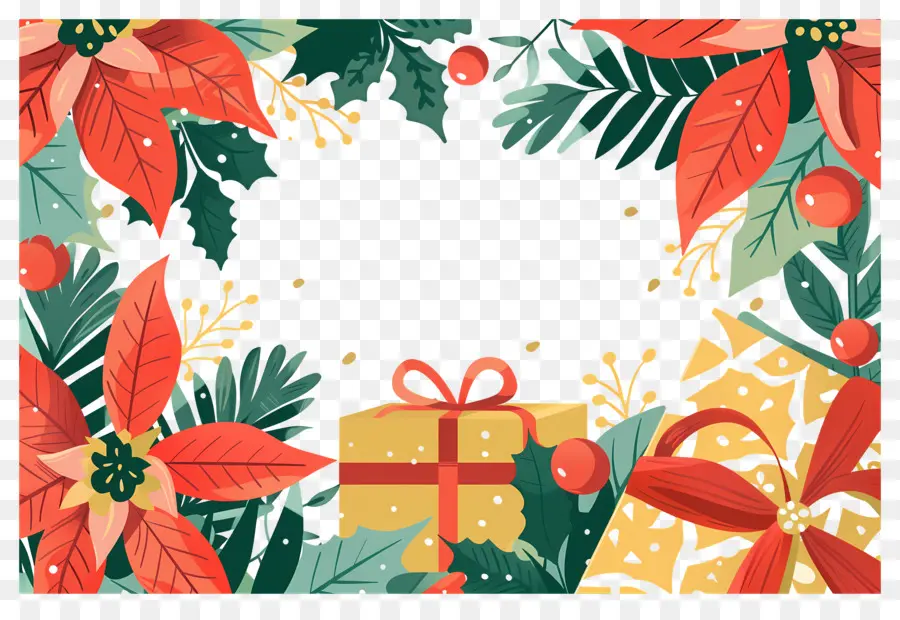 Fond De Noël，Cadre De Noël Avec Cadeaux Et Poinsettias PNG