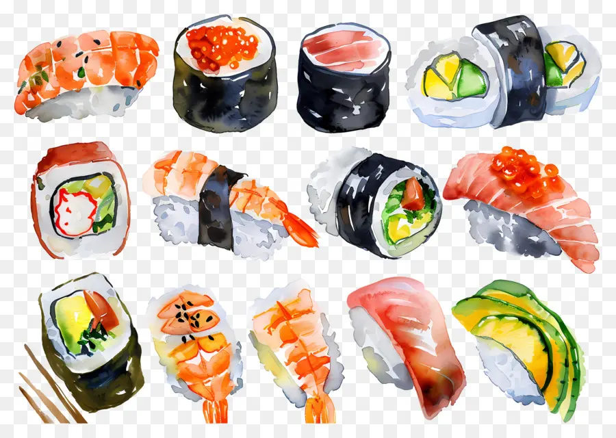 Sushis à L'aquarelle，Sushis PNG