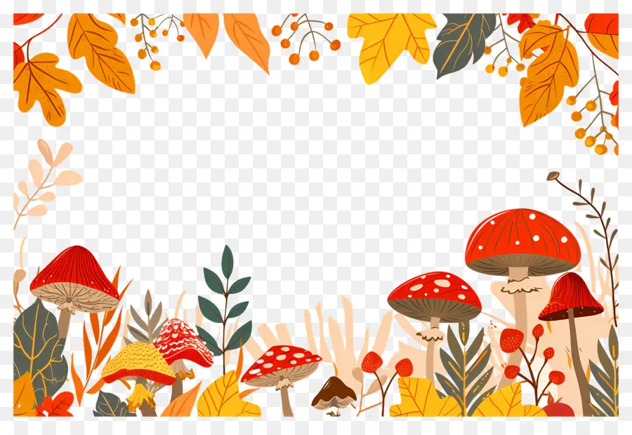 Fond D'automne，Champignons Et Feuilles PNG