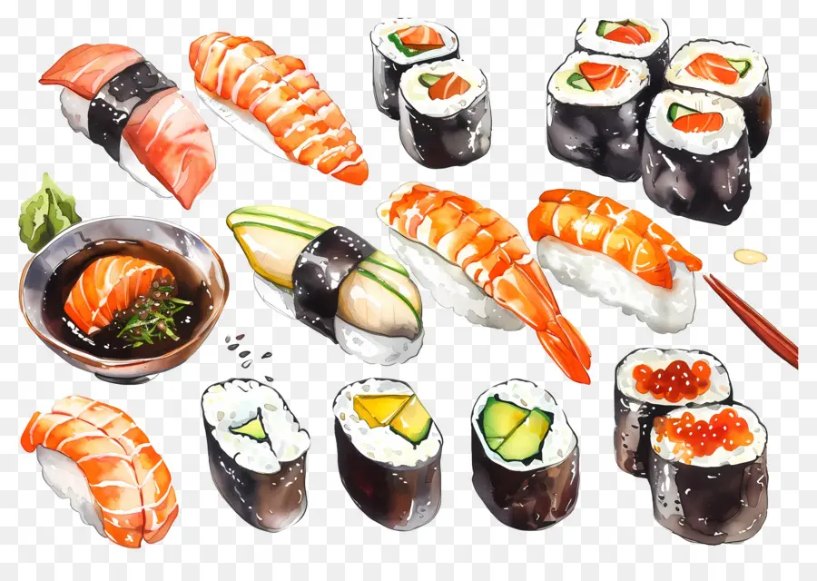 Sushis à L'aquarelle，Sushis PNG