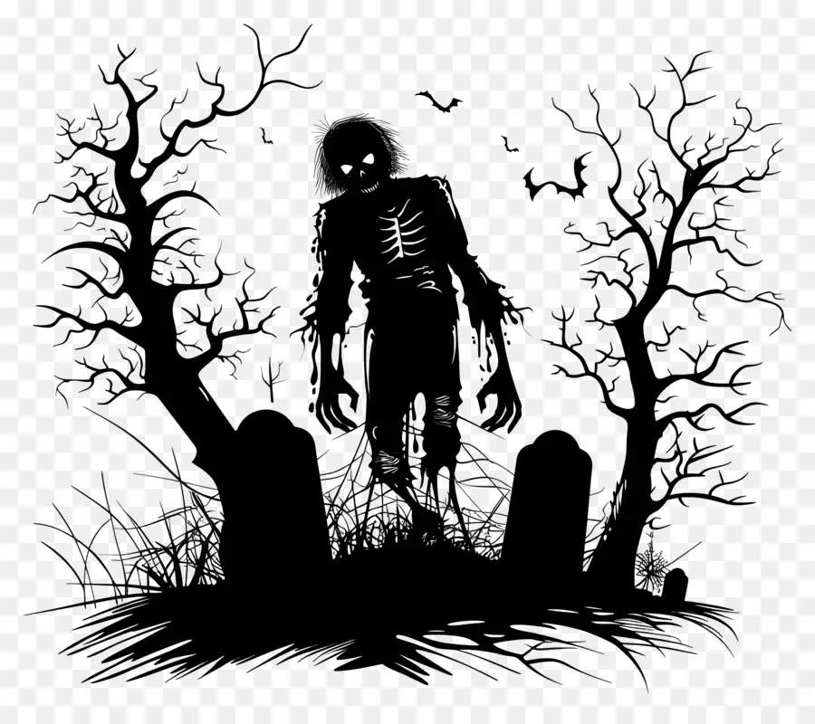 Silhouette D'halloween，Zombie Dans Le Cimetière PNG