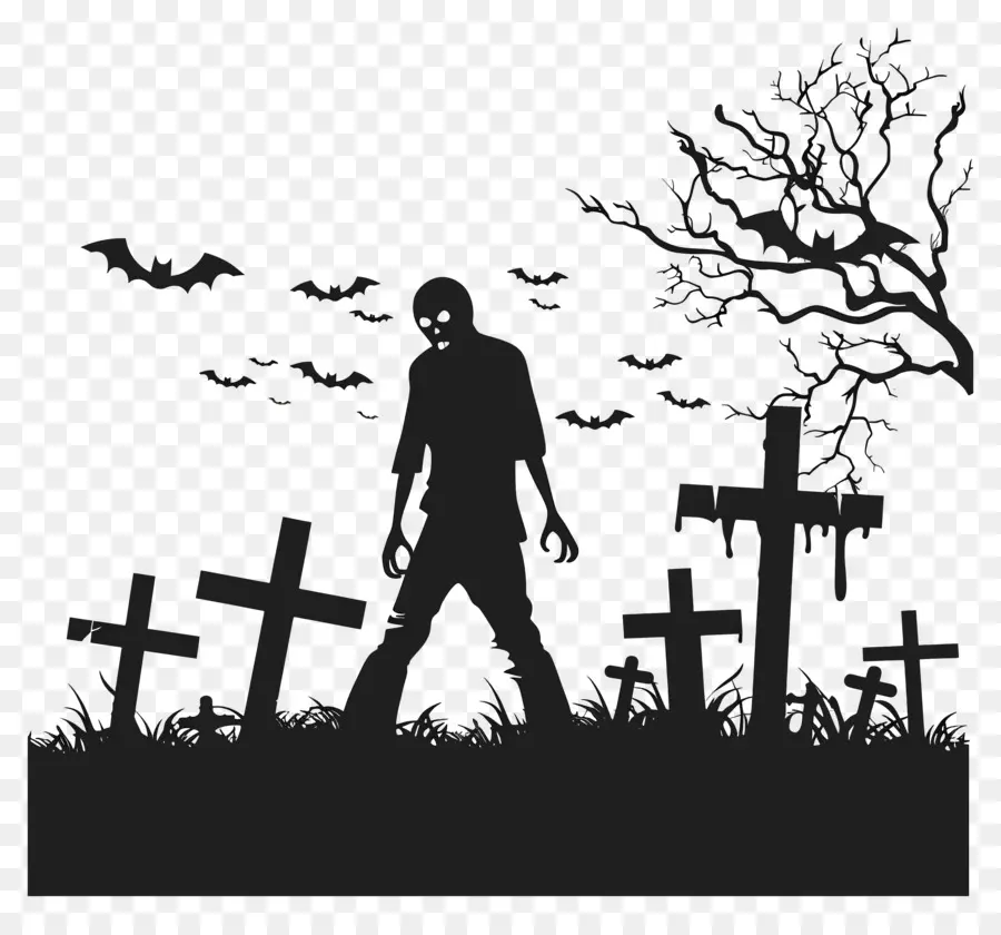 Silhouette D'halloween，Zombie Dans Le Cimetière PNG