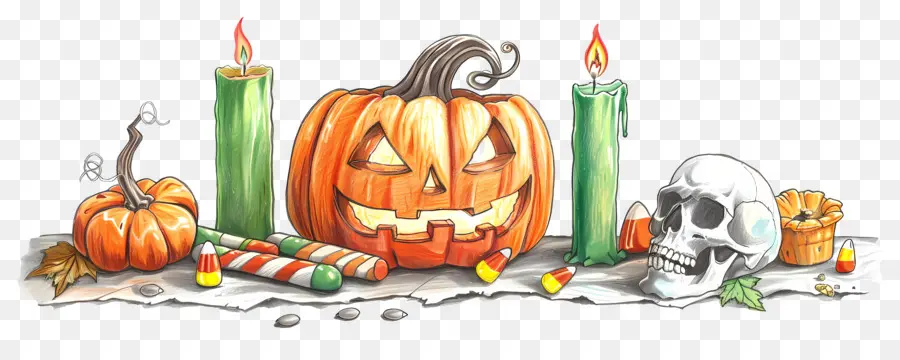 Décor D'halloween，Citrouille Et Crânes PNG