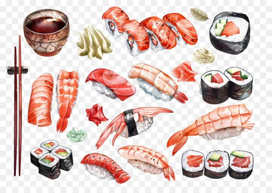 Sushis à L'aquarelle，Sushis PNG