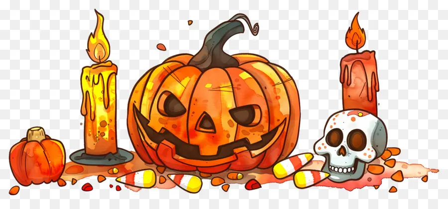 Décor D'halloween，Citrouille Et Crânes PNG