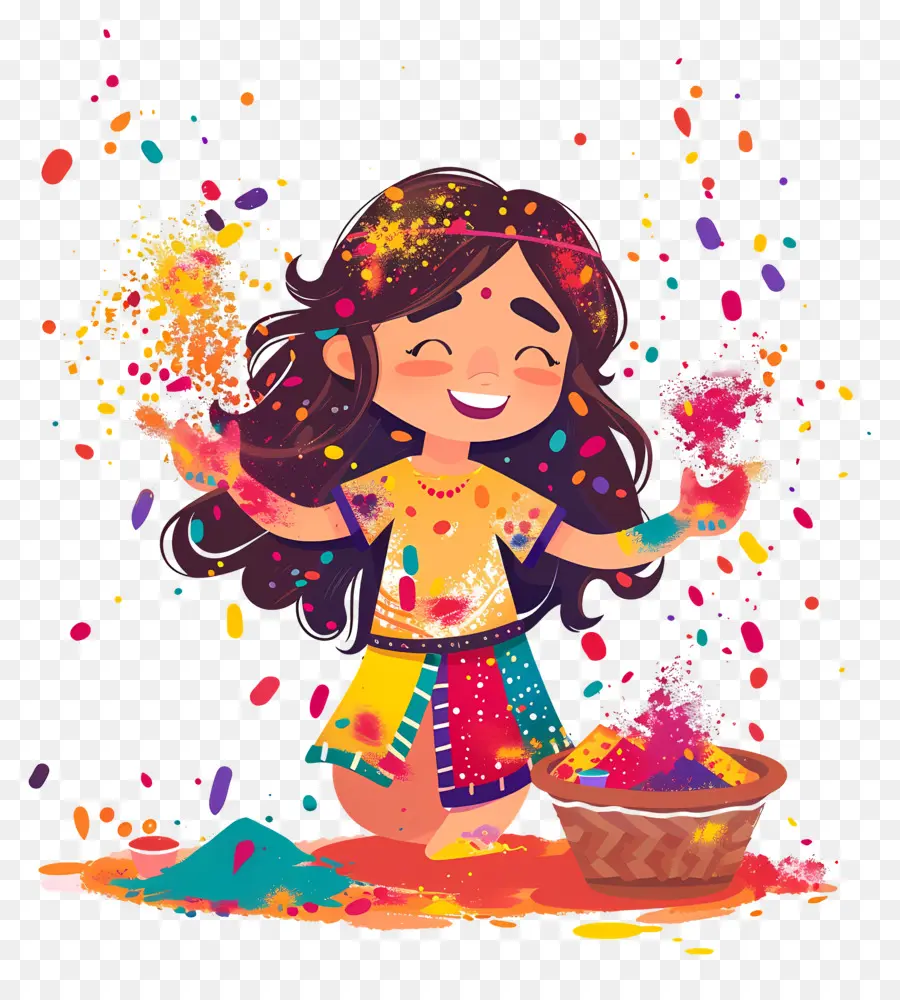 Fond De Holi，Fille De Dessin Animé Avec De La Poudre PNG