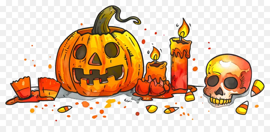 Décor D'halloween，Citrouille Et Crânes PNG