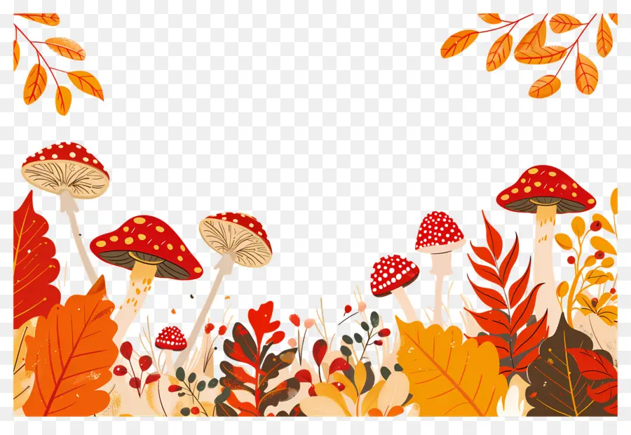 Fond D'automne，Champignons Et Feuilles PNG