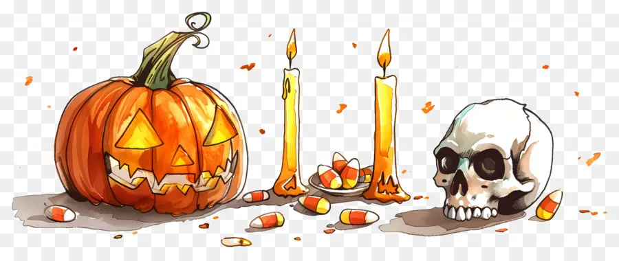 Décor D'halloween，Citrouille Et Crânes PNG